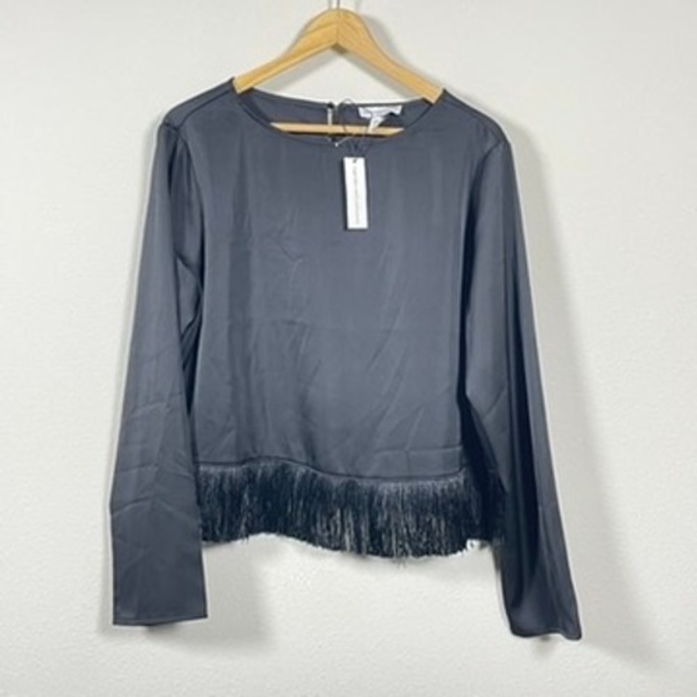 Cupcakes and‎ Cashmere Fringe Blouse Women XL Grey Whimsigoth Long Sleeve Satin